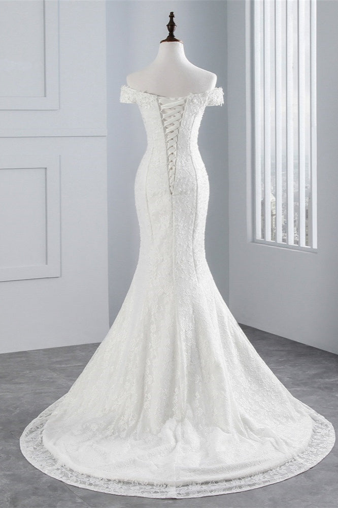 Elegant Off-the-shoulder Long Mermaid Wedding Dress With Lace-BallBride
