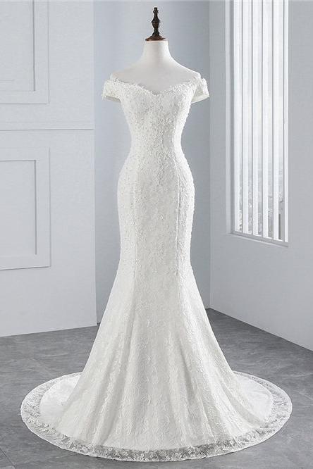 Elegant Off-the-shoulder Long Mermaid Wedding Dress With Lace-BallBride