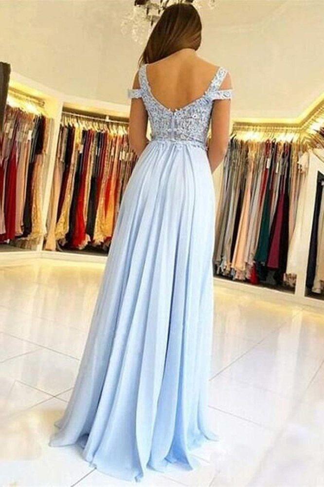 Elegant Off-the-Shoulder Long Prom Dress Chiffon with Lace Appliques for Sky-BallBride