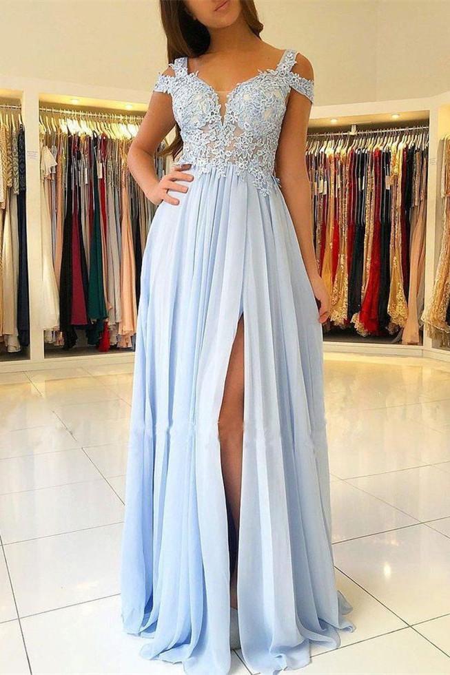 Elegant Off-the-Shoulder Long Prom Dress Chiffon with Lace Appliques for Sky-BallBride