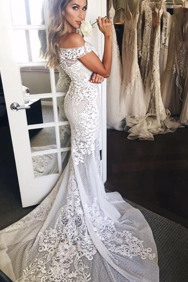 Elegant Off The Shoulder Mermaid Wedding Dress With Sweep Train and Appliques-BallBride