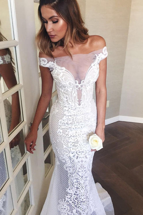 Elegant Off The Shoulder Mermaid Wedding Dress With Sweep Train and Appliques-BallBride