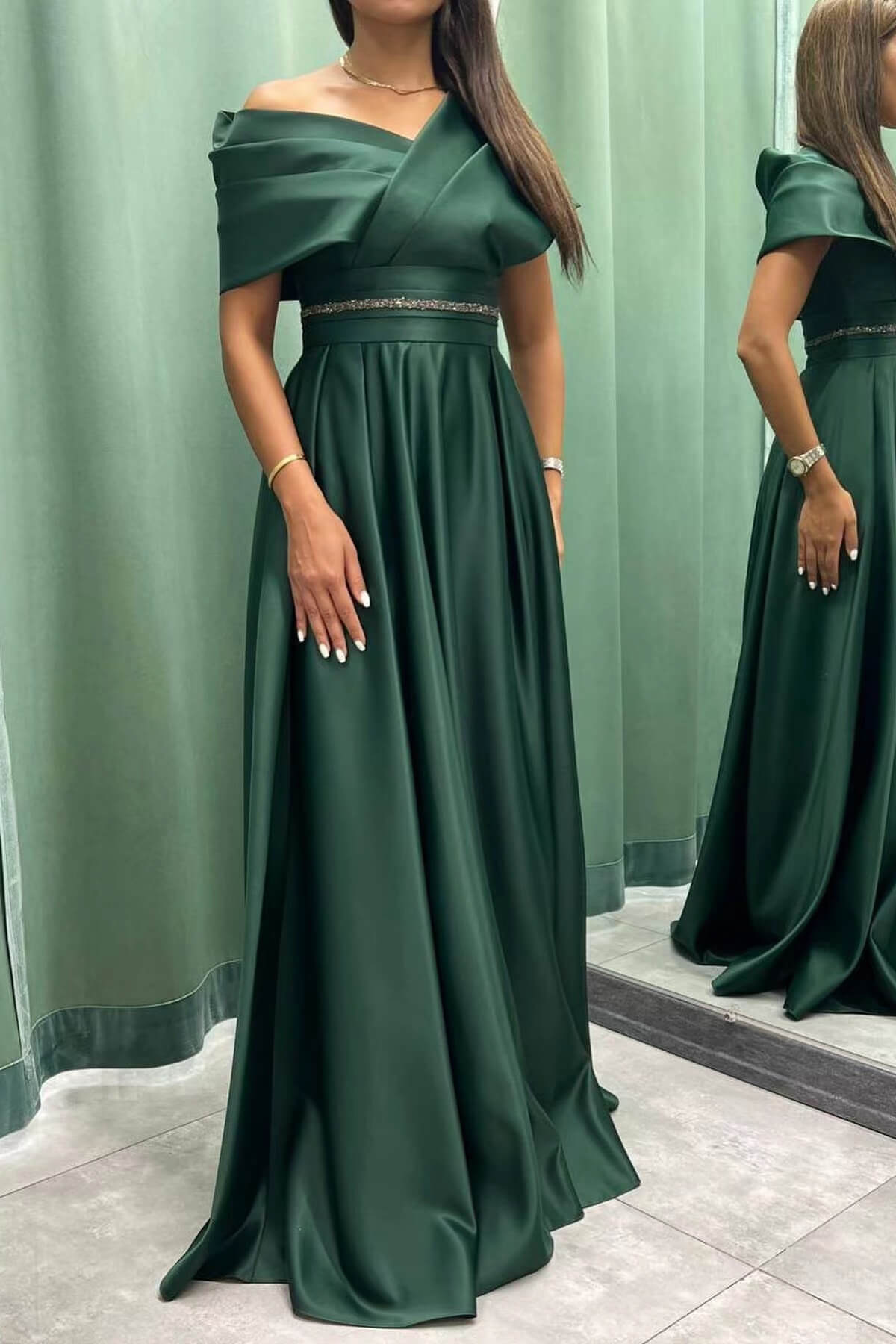 Elegant Off-The-Shoulder Pleated Long Evening Dress-BallBride