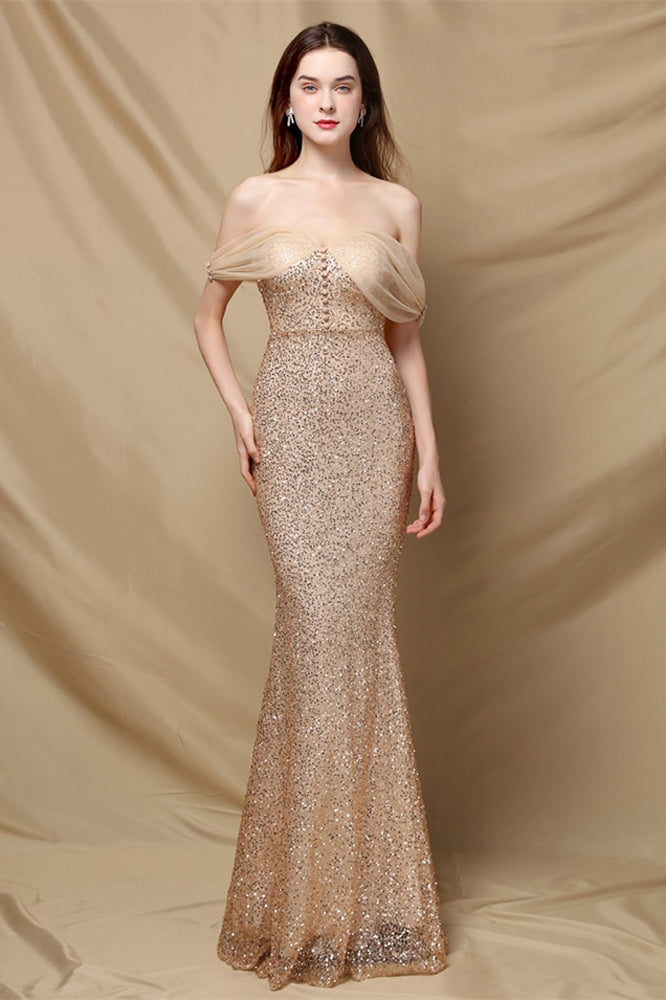 Elegant Off-The-Shoulder Sweetheart Mermaid Sequins Prom Dress-BallBride