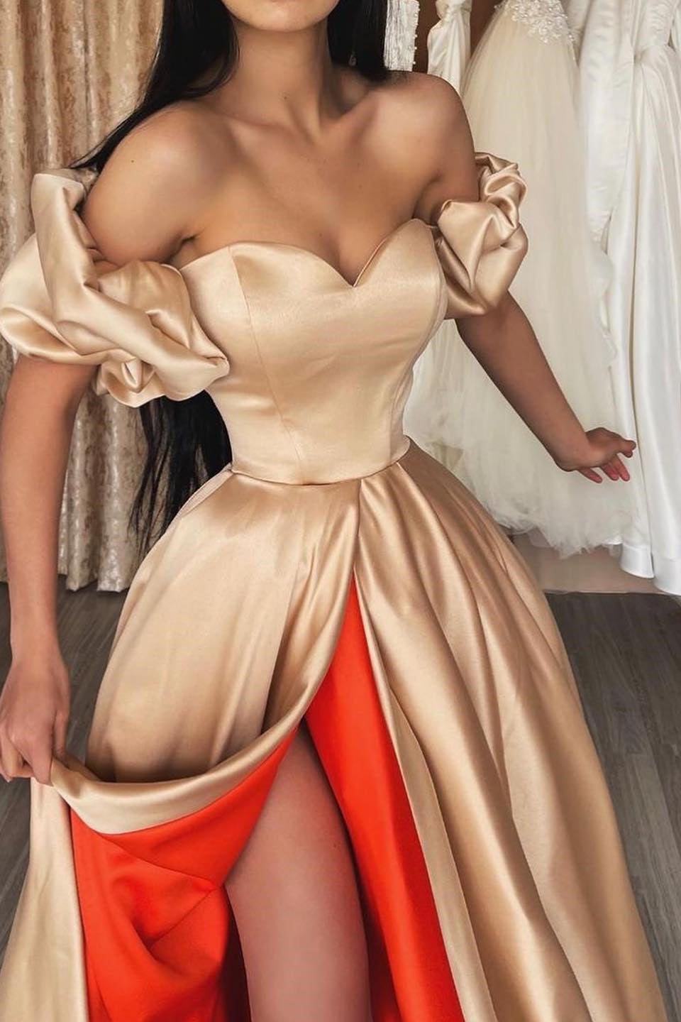 Elegant Off-the-Shoulder Sweetheart Prom Dress with Slit-BallBride