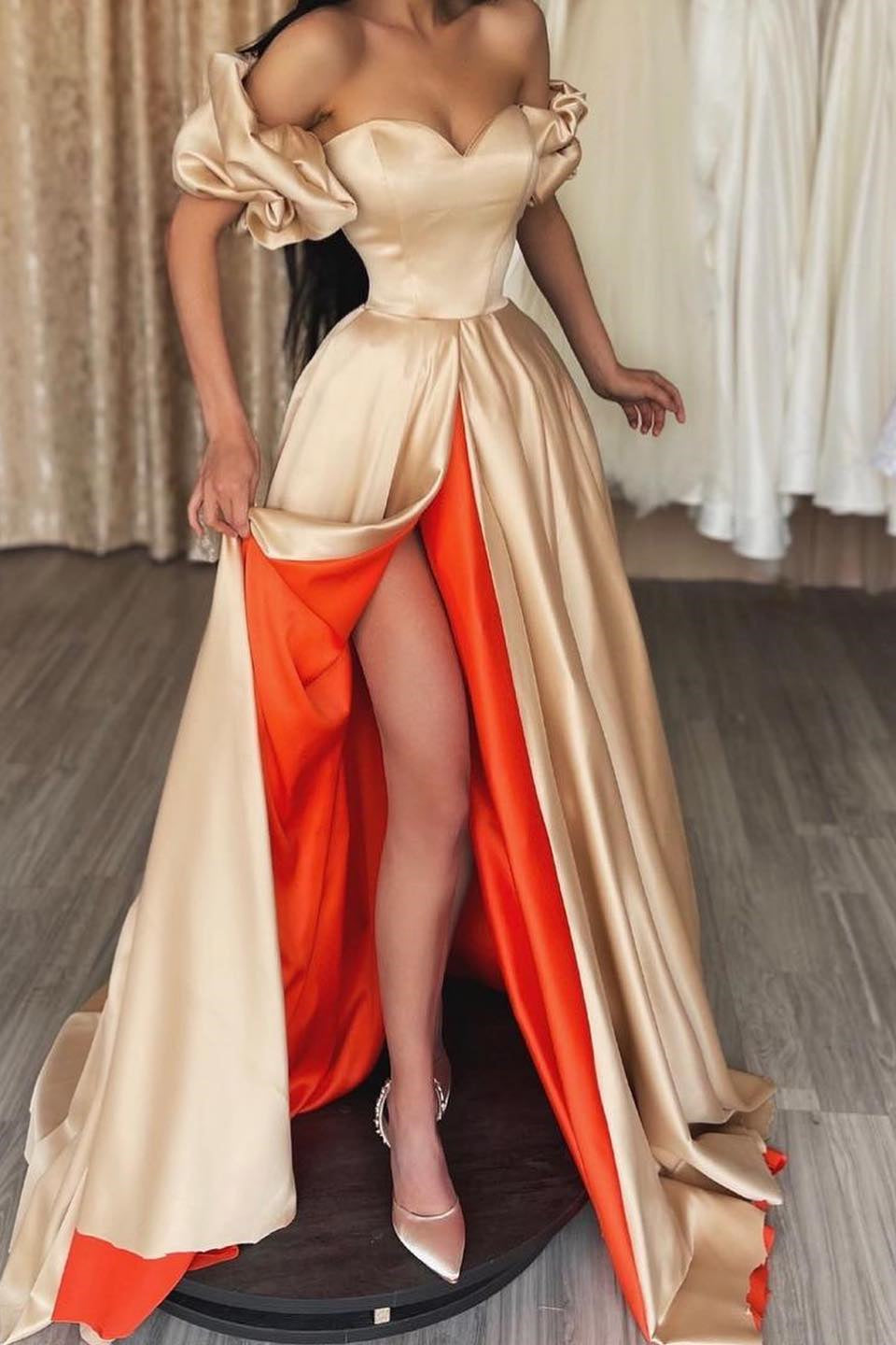 Elegant Off-the-Shoulder Sweetheart Prom Dress with Slit-BallBride