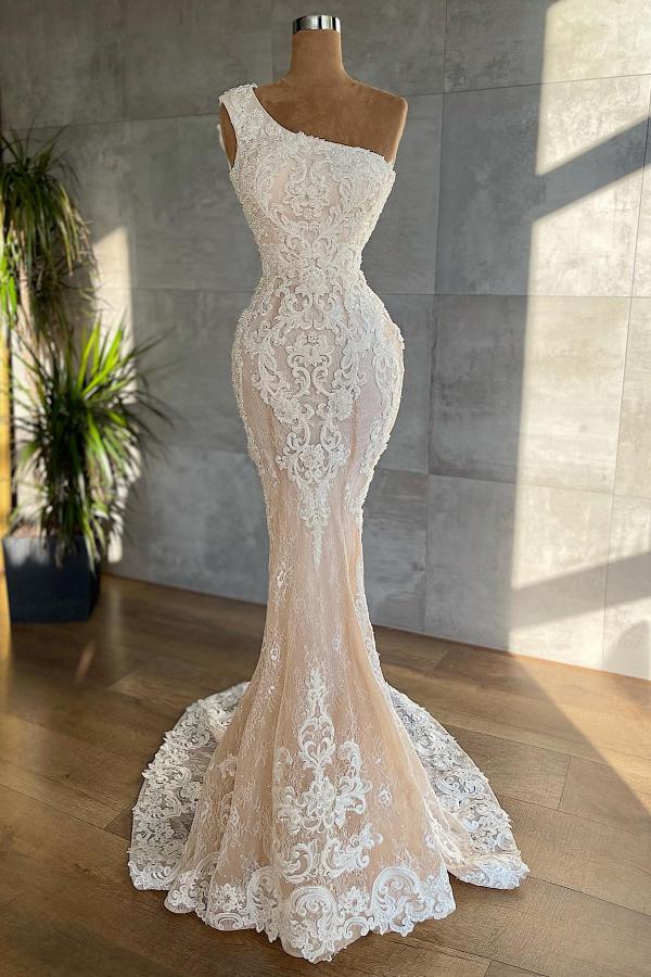 Elegant One Shoulder Lace Mermaid Wedding Dress with Appliques-BallBride