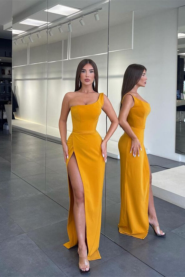 Elegant One Shoulder Mermaid Evening Dress with Long Slit-BallBride