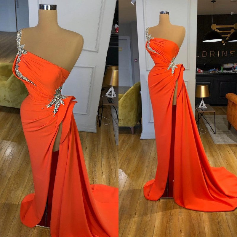 Elegant One-Shoulder Orange Sheath Side Slit Crystal Prom Dress-BallBride