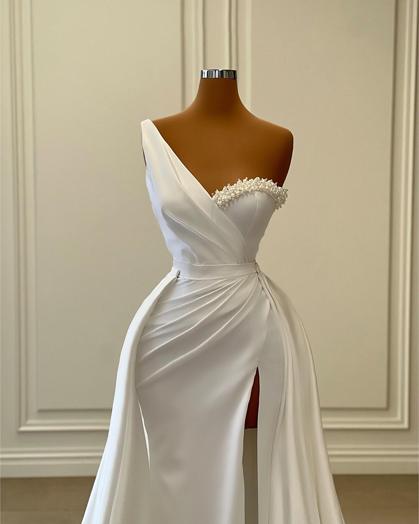 Elegant One Shoulder Satin Mermaid Wedding Dress with Slit Overskirt and Pearls-BallBride