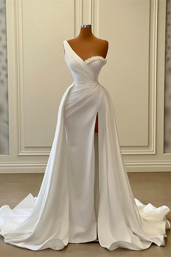 Elegant One Shoulder Satin Mermaid Wedding Dress with Slit Overskirt and Pearls-BallBride