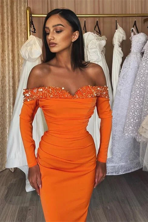 Elegant Orange Long Sleeves Off-the-Shoulder Evening Dress Mermaid With Sequins-BallBride