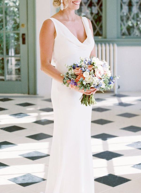 Elegant Petite Cowl Back Sheath Column Wedding Dresses-Ballbride