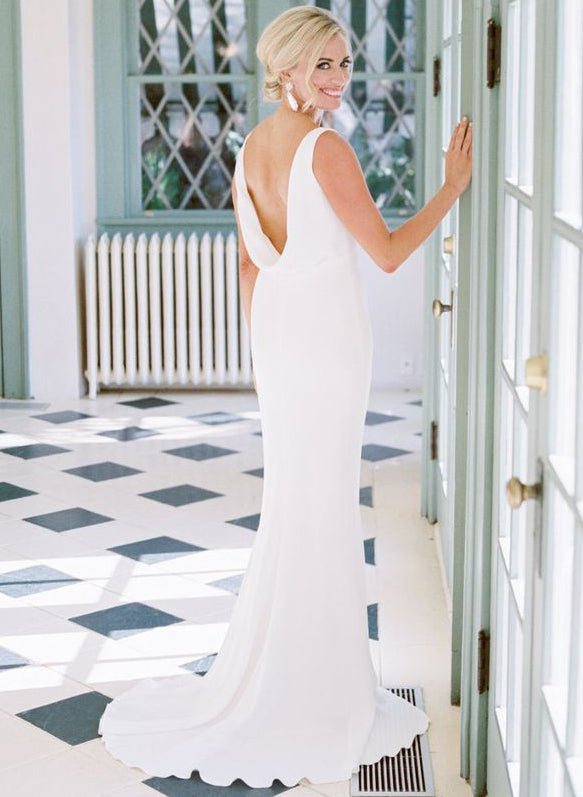 Elegant Petite Cowl Back Sheath Column Wedding Dresses-Ballbride