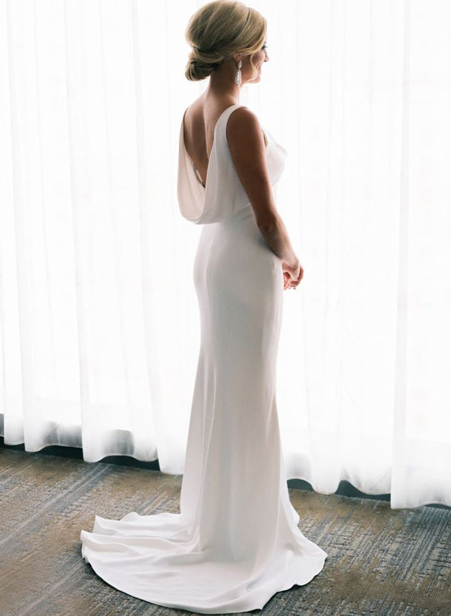 Elegant Petite Cowl Back Sheath Column Wedding Dresses-Ballbride