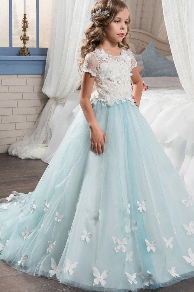 Elegant Pink Ball Gown with Short Sleeves and Lace Buttons for Girls-BallBride