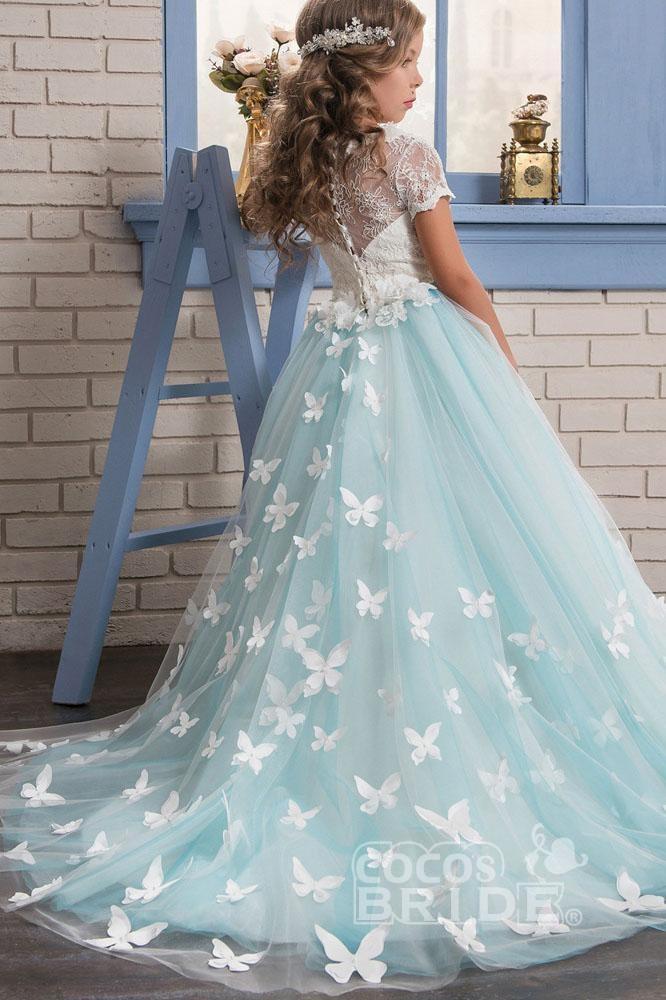 Elegant Pink Ball Gown with Short Sleeves and Lace Buttons for Girls-BallBride