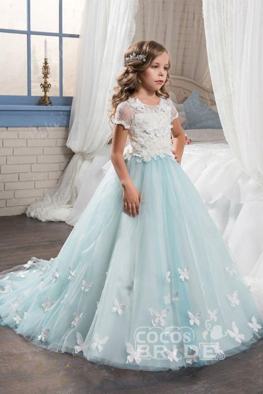 Elegant Pink Ball Gown with Short Sleeves and Lace Buttons for Girls-BallBride