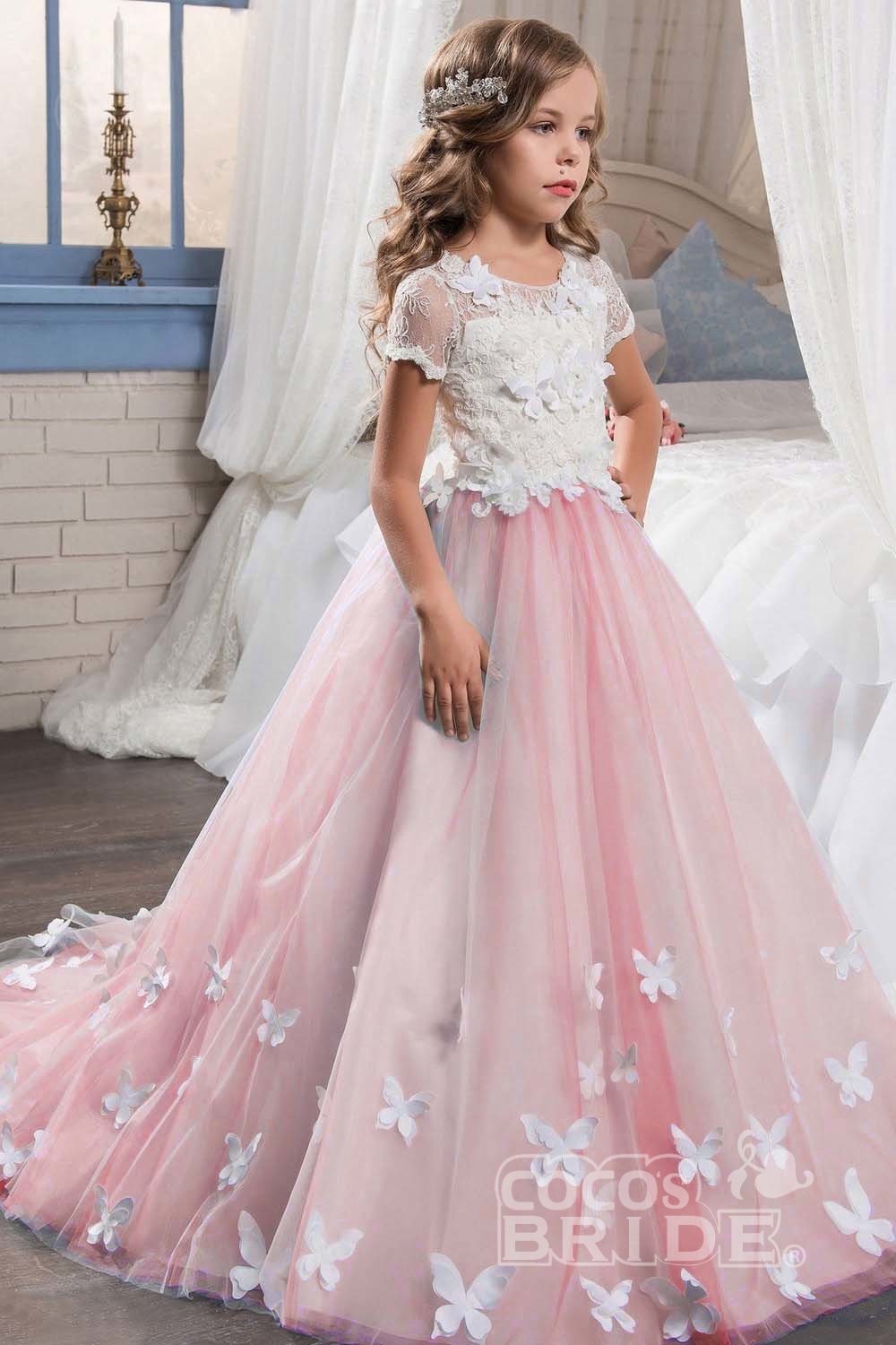 Elegant Pink Ball Gown with Short Sleeves and Lace Buttons for Girls-BallBride