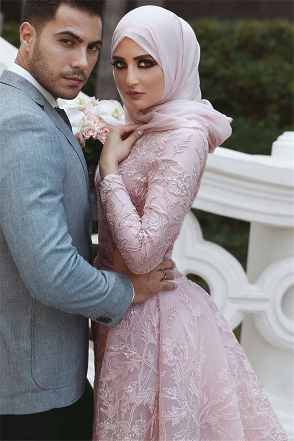 Elegant Pink Long Sleeves Lace Mermaid Prom Dress with Detachable Overskirt-BallBride