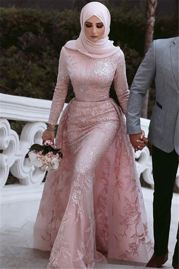 Elegant Pink Long Sleeves Lace Mermaid Prom Dress with Detachable Overskirt-BallBride