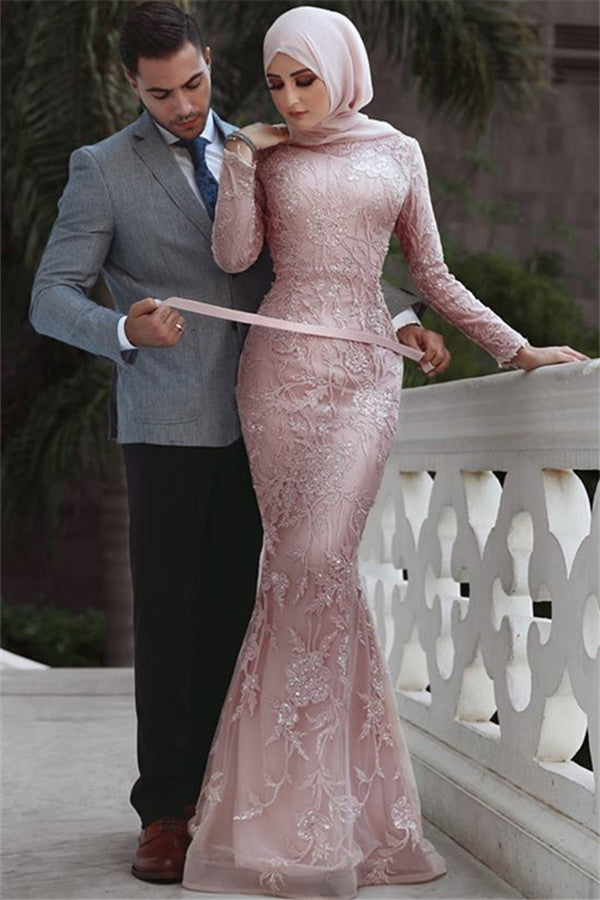 Elegant Pink Long Sleeves Lace Mermaid Prom Dress with Detachable Overskirt-BallBride