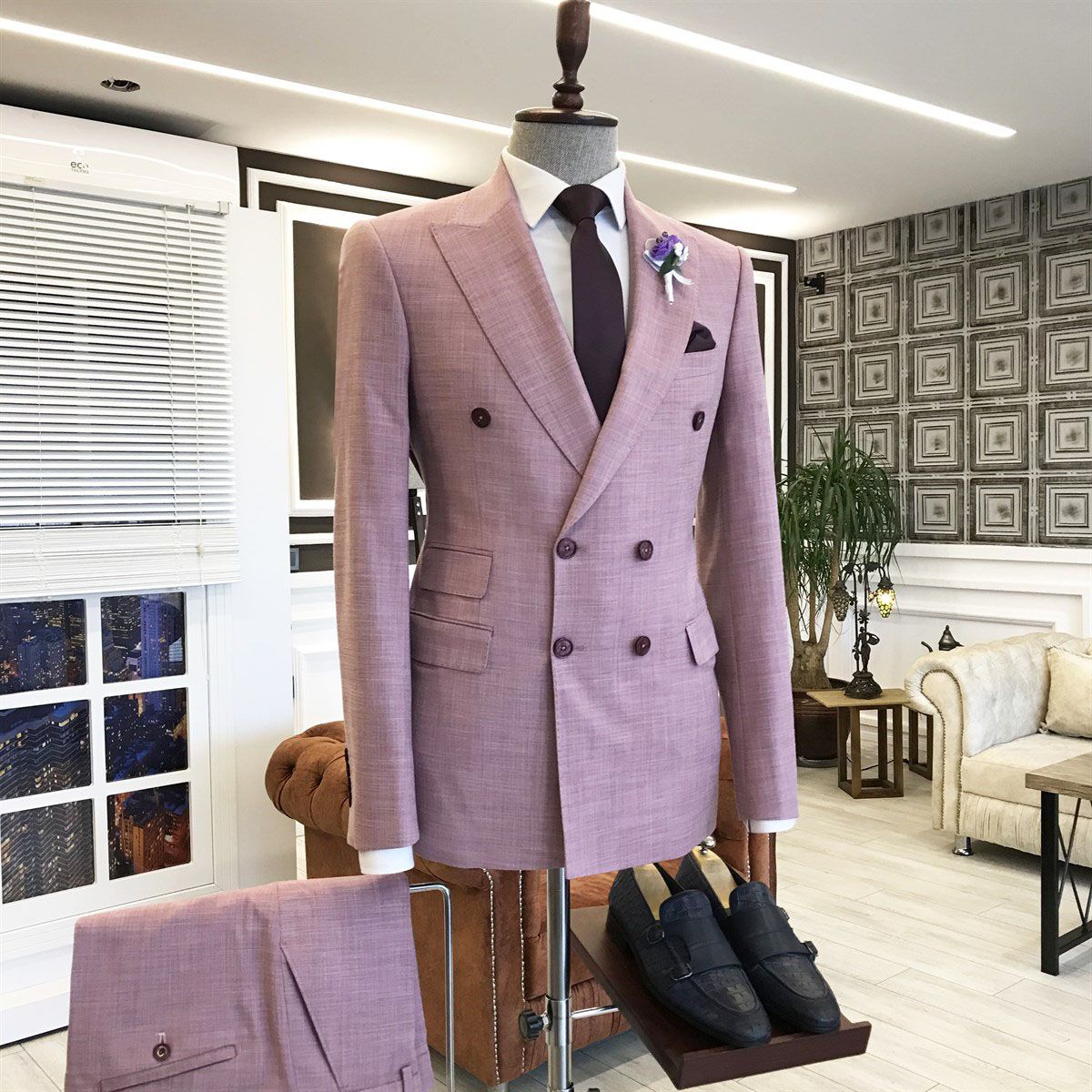 Elegant Pink Peaked Lapel Mens Wedding Outfit with 3 Flaps-BallBride