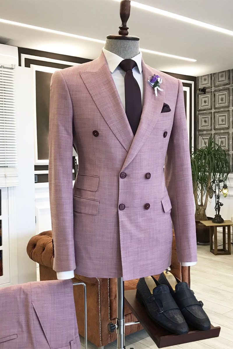 Elegant Pink Peaked Lapel Mens Wedding Outfit with 3 Flaps-BallBride