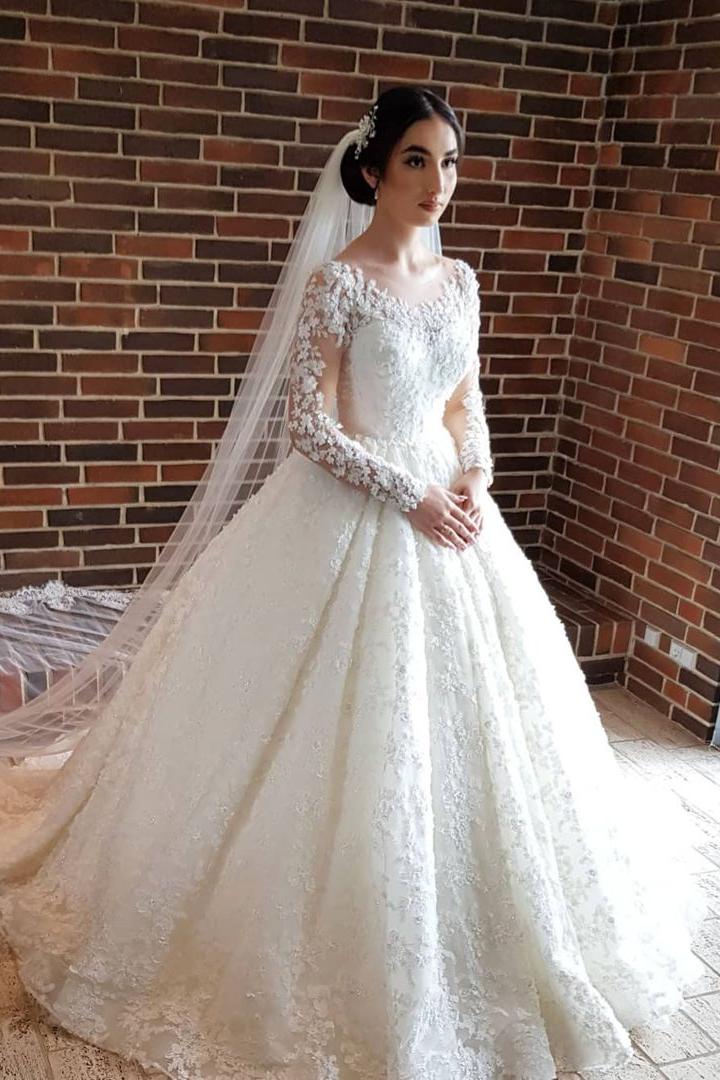 Elegant Princess Lace Wedding Dresses with Long Sleeves-BallBride