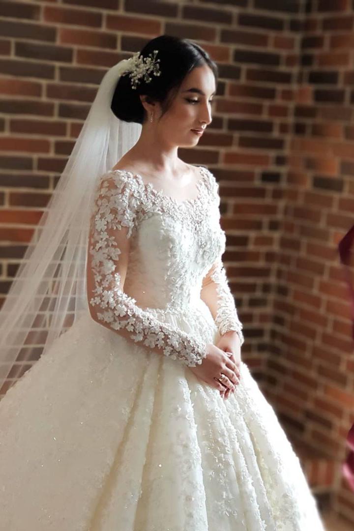 Elegant Princess Lace Wedding Dresses with Long Sleeves-BallBride