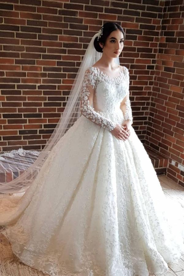 Elegant Princess Lace Wedding Dresses with Long Sleeves-BallBride