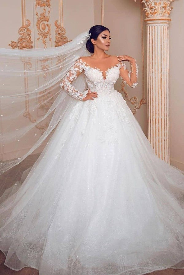 Elegant Princess Tulle Long Sleeves Wedding Dress with Lace-BallBride