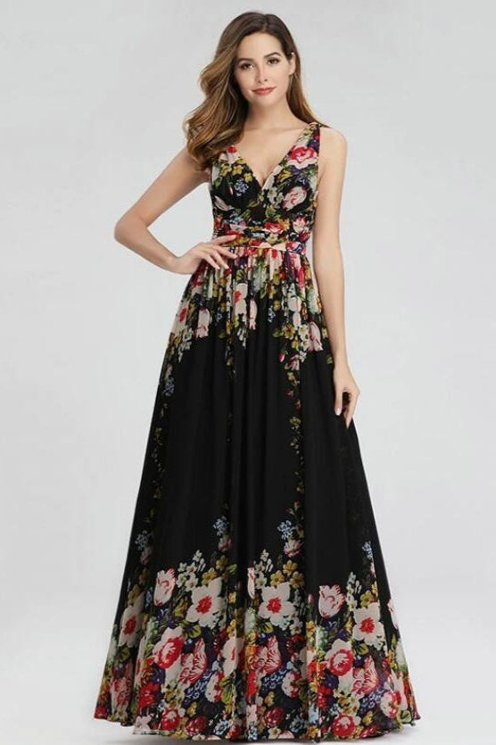 Elegant Print V-Neck Long Prom Dress Sleeveless Evening Gown-BallBride