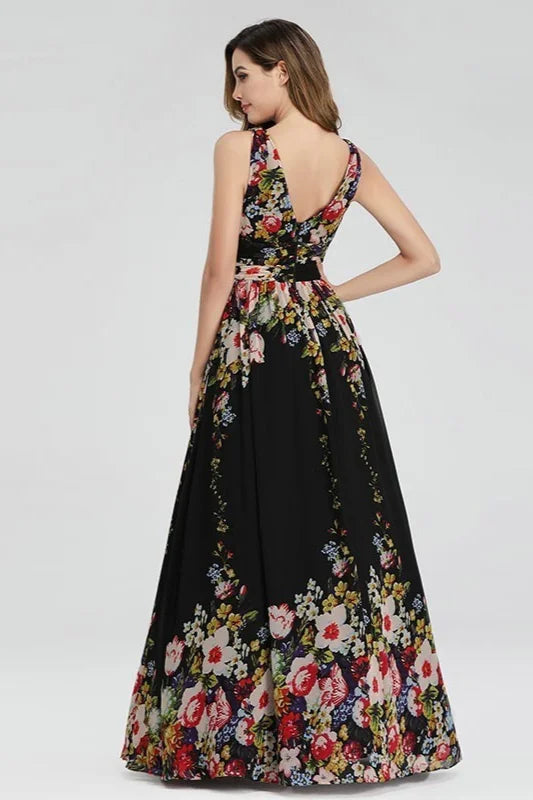 Elegant Print V-Neck Long Prom Dress Sleeveless Evening Gowns-BallBride