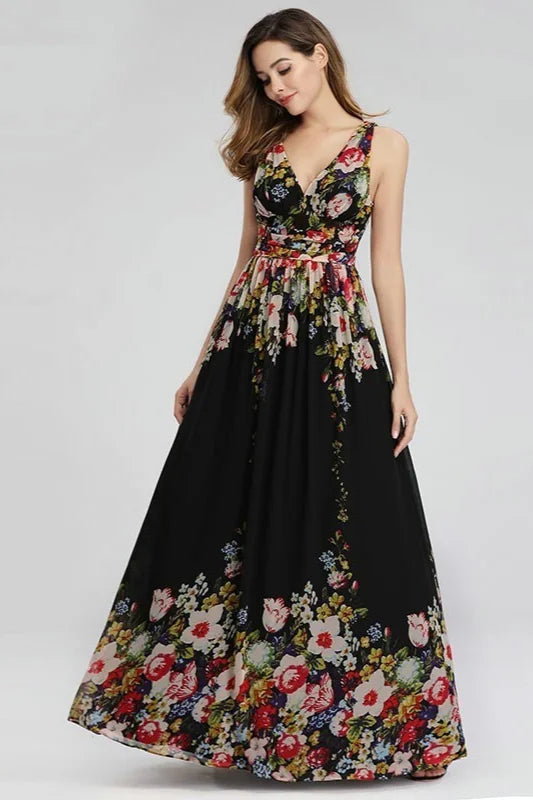 Elegant Print V-Neck Long Prom Dress Sleeveless Evening Gowns-BallBride