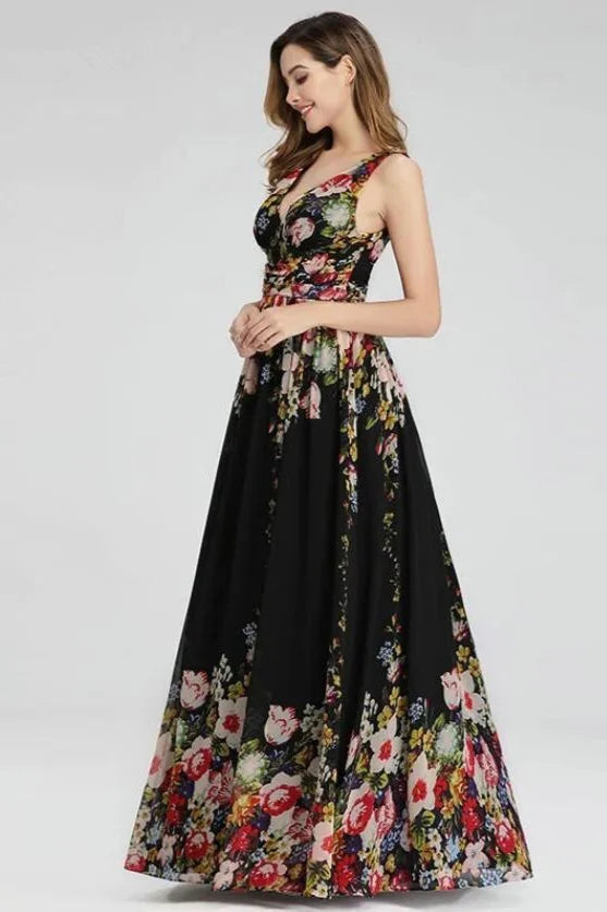 Elegant Print V-Neck Long Prom Dress Sleeveless Evening Gowns-BallBride
