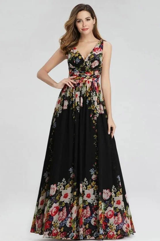 Elegant Print V-Neck Long Prom Dress Sleeveless Evening Gowns-BallBride