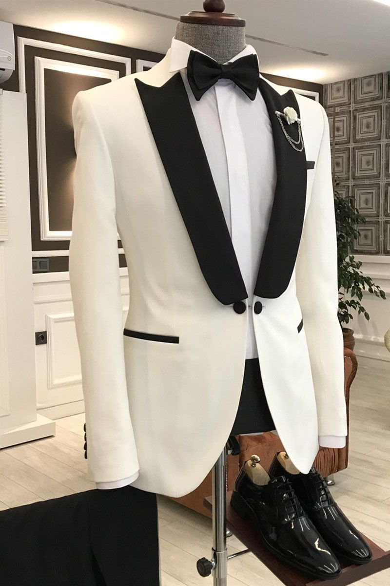 Elegant Prom Suit for Guys - White & Black Peaked Lapel with One Button-BallBride