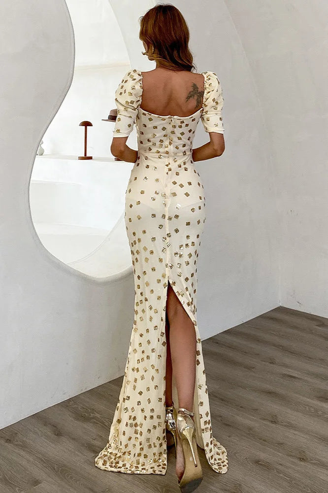 Elegant Puff Sleeve Mermaid Long Evening Party Dress-BallBride