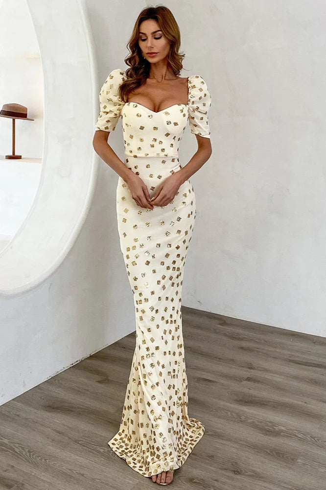 Elegant Puff Sleeve Mermaid Long Evening Party Dress-BallBride