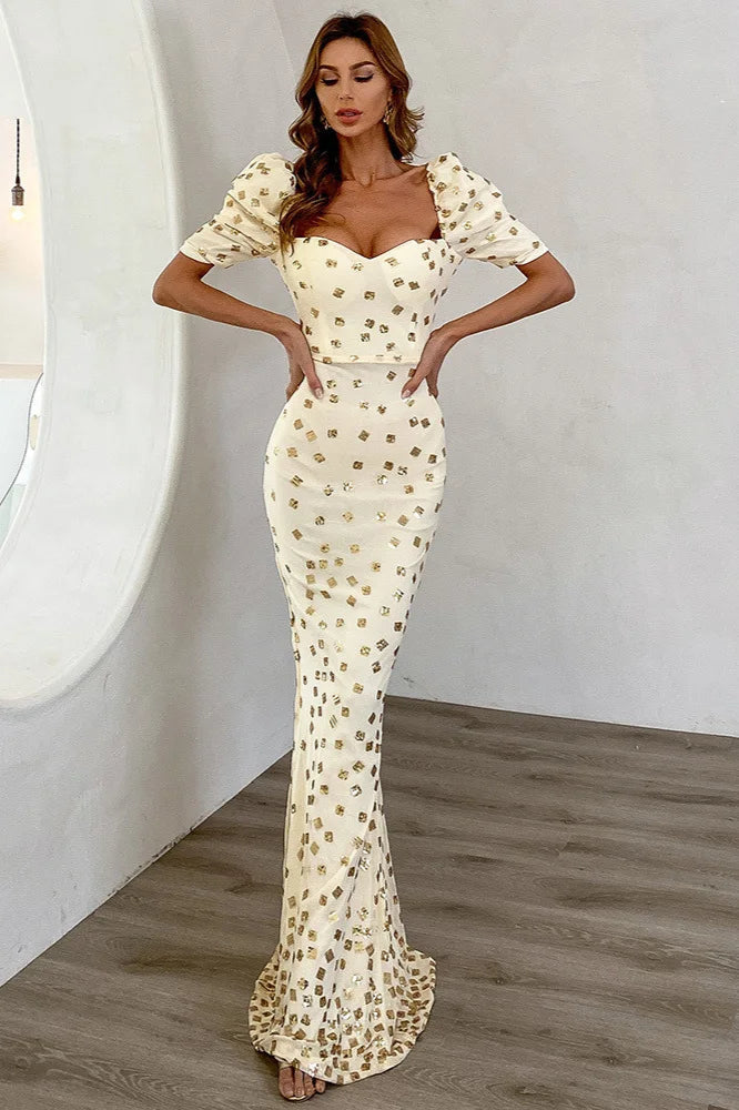 Elegant Puff Sleeve Mermaid Long Evening Party Dress-BallBride