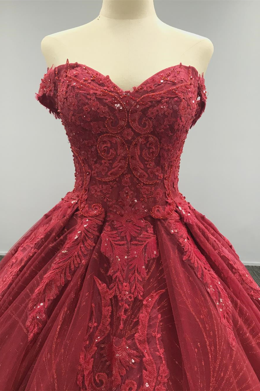 Elegant Red A Line Sweetheart Wedding Dress With Tulle Sweep and Appliques Sequins-BallBride