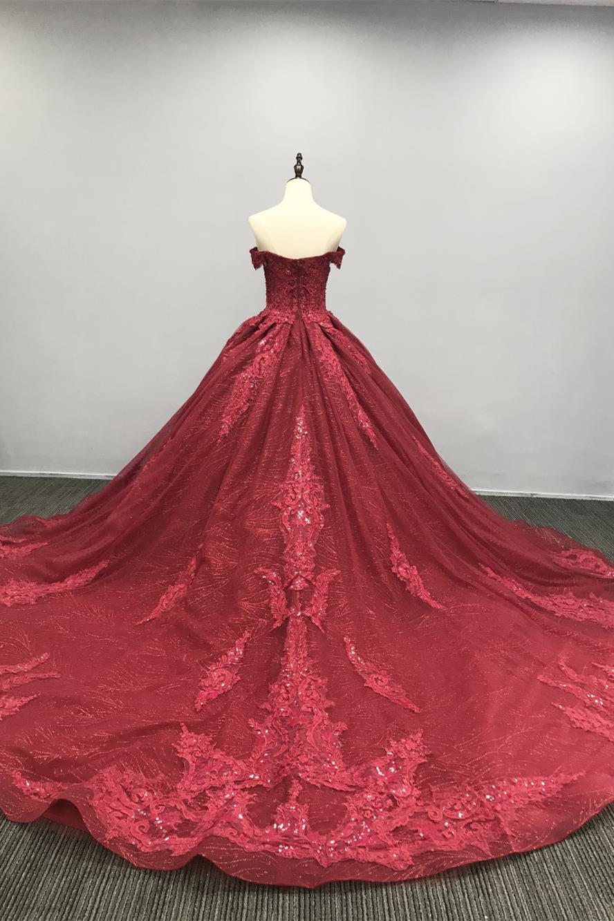 Elegant Red A Line Sweetheart Wedding Dress With Tulle Sweep and Appliques Sequins-BallBride