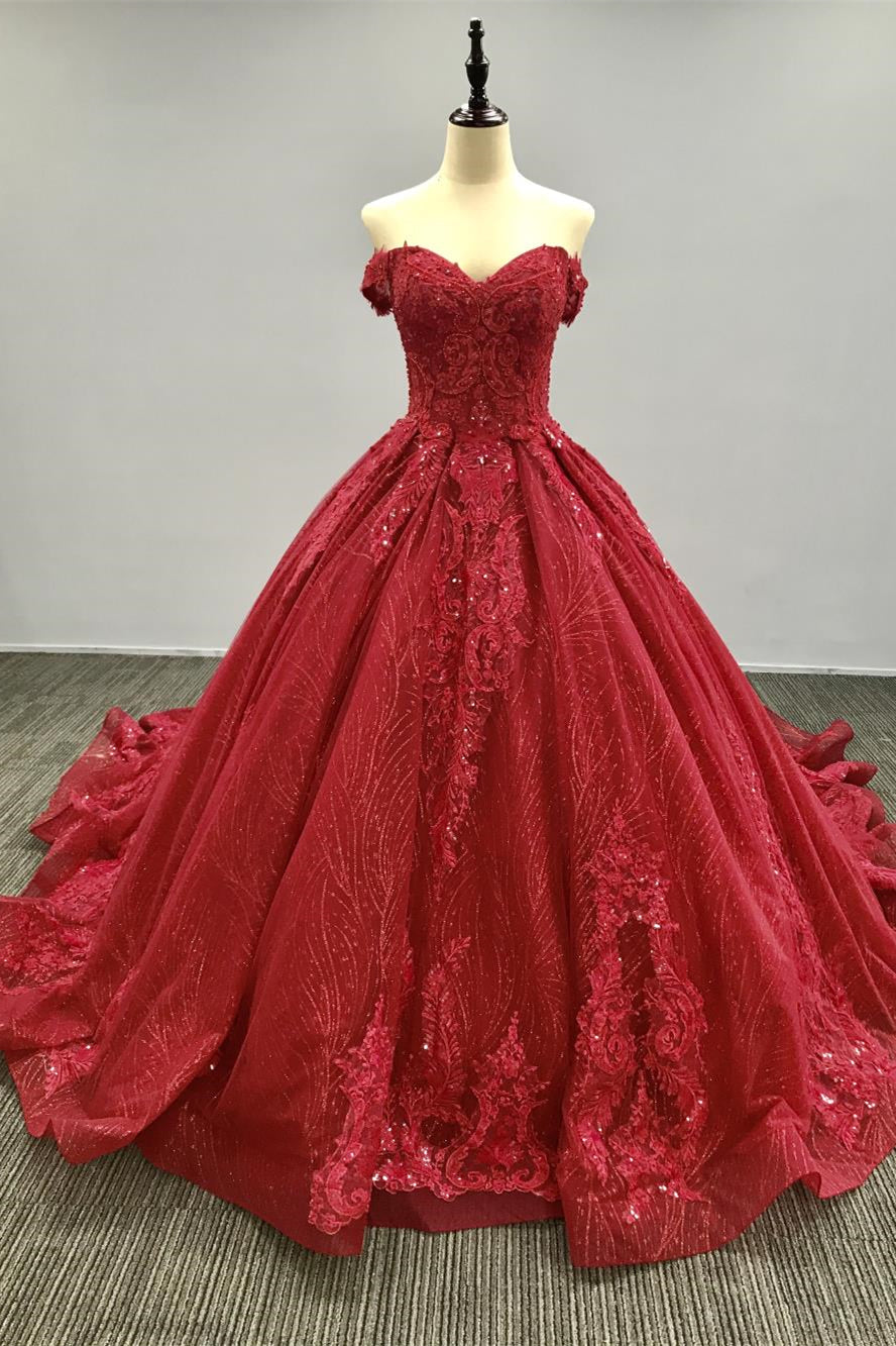 Elegant Red A Line Sweetheart Wedding Dress With Tulle Sweep and Appliques Sequins-BallBride