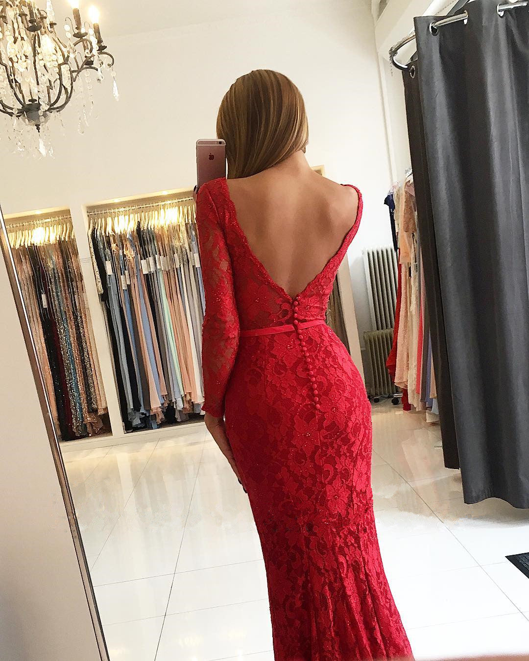 Elegant Red Lace Prom Dress with Long Sleeves and V-Neck for Memaid Party Gowns-BallBride