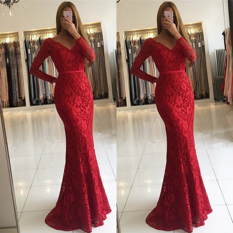 Elegant Red Lace Prom Dress with Long Sleeves and V-Neck for Memaid Party Gowns-BallBride