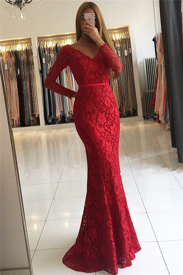Elegant Red Lace Prom Dress with Long Sleeves and V-Neck for Memaid Party Gowns-BallBride