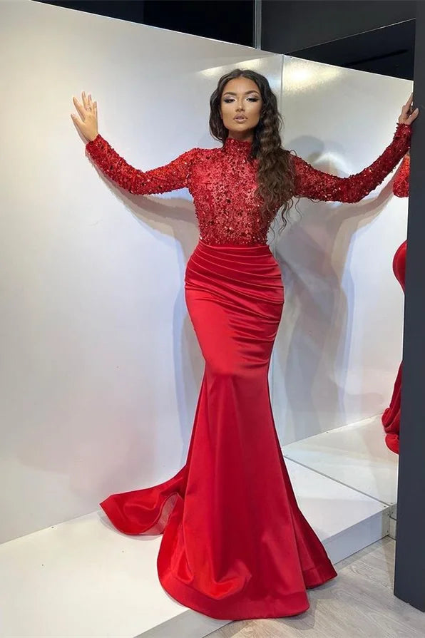 Elegant Red Long Sleeves High Neck Evening Party Dress Mermaid With Sequins Online-BallBride