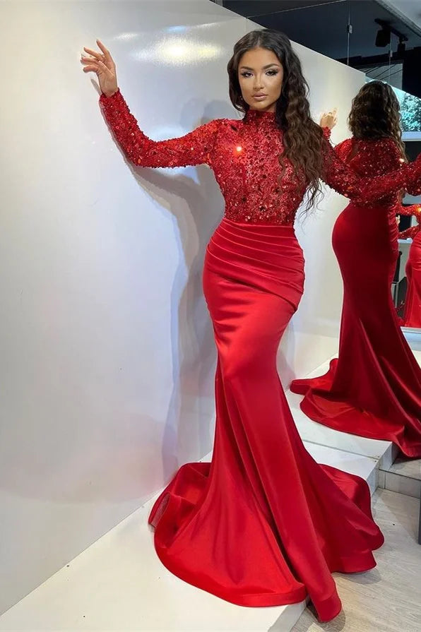 Elegant Red Long Sleeves High Neck Evening Party Dress Mermaid With Sequins Online-BallBride