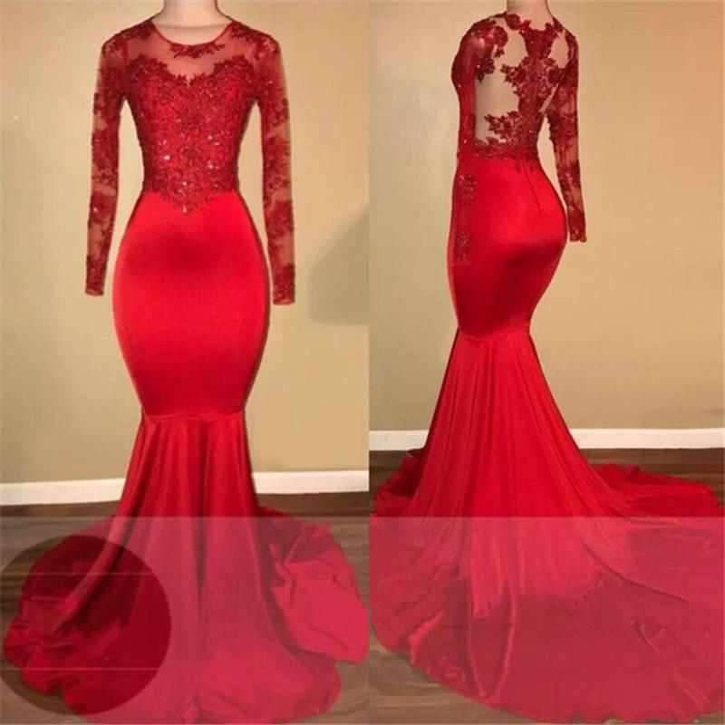 Elegant Red Long Sleeves Prom Dress with Lace Appliques-BallBride